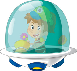 Obraz na płótnie Canvas Cartoon kid on a toy funfair space ship or star ship amusement park or playground isolated illustration for children