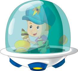 Cartoon kid on a toy funfair space ship or star ship amusement park or playground isolated illustration for children