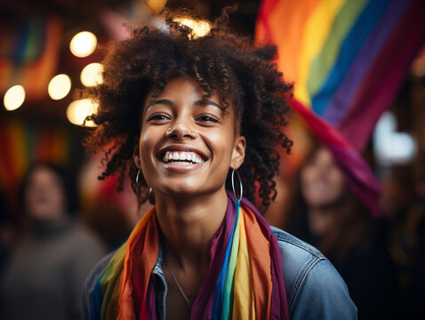Cheerful young woman with lgbt flag smiling and taking selfie on street during pride festival on sunny summer day in city