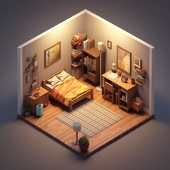 Isometric bedroom interior in light and green tones. Ai generated 