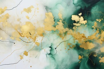 Ink and marble stains with gold decoration, interior painting. Beautiful artistic background, wallpaper with emerald stains and golden blots.