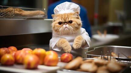 Fast Food Feline: Exotic Shorthair Cat Bringing Delight as a Fast Food Worker