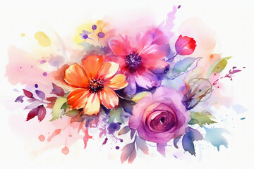 Obraz na płótnie Canvas Bouquet of colorful flowers in watercolor style for a greeting card. Generative AI illustration.