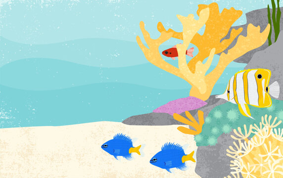 An ocean scene with fish, corals, and plants on the right. In a cut paper style with textures

