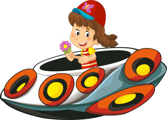 Fototapeta premium Cartoon kid on a toy funfair space ship or star ship amusement park or playground isolated illustration for children