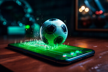 Virtual sports betting on soccer using smartphone, currency and ball. Generative AI