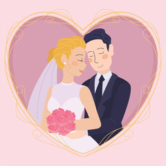 Isolated cute wedding couple characters on a heart shape Vector illustration