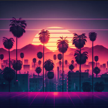 Beautiful Sunrise View With View Of Palm Trees And Mountains Retro Neon Color