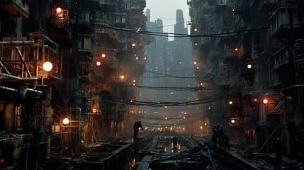 Fototapeta na wymiar Futuristic moody dystopian cityscape at night with dark allies and large skyscrapers. AI generative