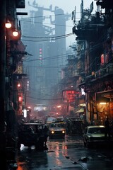 Obraz na płótnie Canvas Futuristic moody dystopian cityscape at night with dark allies and large skyscrapers. AI generative