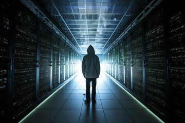 Fototapeta na wymiar Hacker in a sever room, Unleashing the Futuristic Technoverse: Silhouette Hoodie Man Ventures into an Action-Packed Data Center, Engaging with Boundless Innovation amidst Opacity and Radiant Clusters