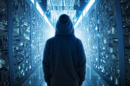 Hacker in a sever room, Unleashing the Futuristic Technoverse: Silhouette Hoodie Man Ventures into an Action-Packed Data Center, Engaging with Boundless Innovation amidst Opacity and Radiant Clusters