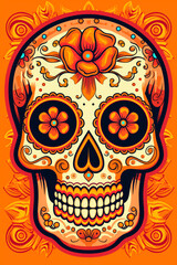 La Catrina dia de muertos Skull. Bemalter Schädel in orange. Tag der Toten in Mexico. Hochkant. Hochformat. Generative Ai.