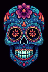 La Catrina dia de muertos Skull. Bemalter Schädel in blau bunt. Tag der Toten in Mexico. Hochkant. Hochformat. Generative Ai.