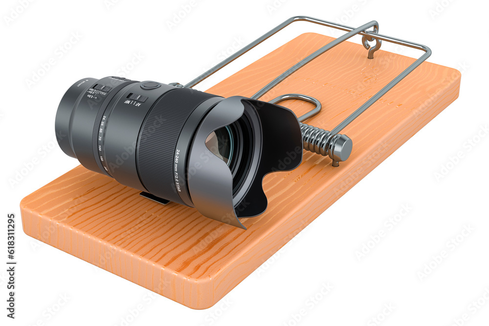 Poster camera lens inside mousetrap. 3d rendering