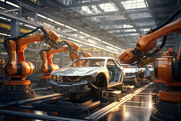 modern car factory, big hall, assembly line, clean, robots, photorealistic