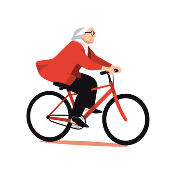 old woman riding bicycle vector flat isolated illustration