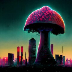 glowing mushroom city vaporwave biopunk 