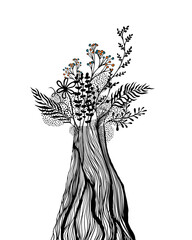 Monochrome graphic vase with flowers. Vector illustration