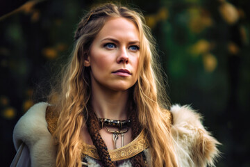 Portrait of Scandinavian Viking woman with blonde braided hair (Generative AI)