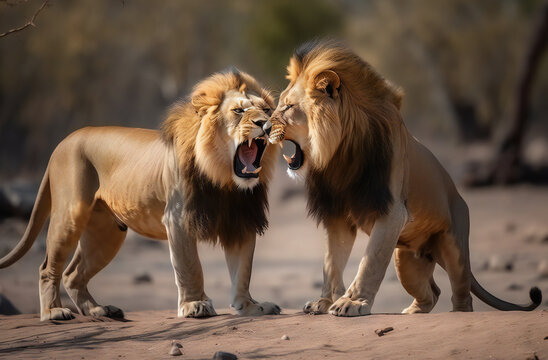 Two male lions fighting over mating rights,ai generated
