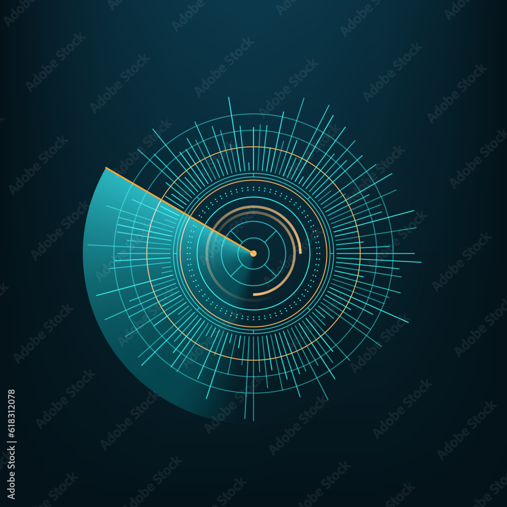 Leinwandbilder Round circle futuristic chart, HUD round circle for futuristic chart and digital technology interface, vector game UI. Round circle of radar scan display or data graphic in HUD hologram diagram