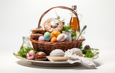 Obraz na płótnie Canvas Easter candy and other foods on flat white background.