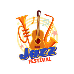 Jazz music festival icon with saxophone, guitar and trumpet, acoustic concert and live performance vector emblem. Blues or jazz music club or fest sign with musical instruments and notes in retro sign