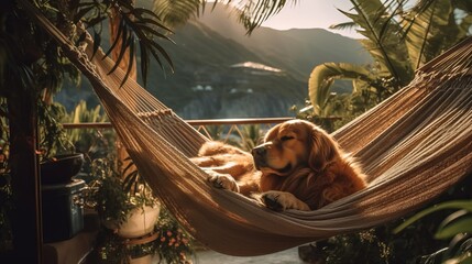 golden retriever dog resting in a hammock, mountains and vegetation in the background, mexico latin america vacation