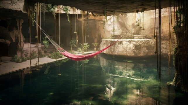 pink hammock in a cenote in mexico, in a kind of cave with crystal clear water and vegetation around, latin america