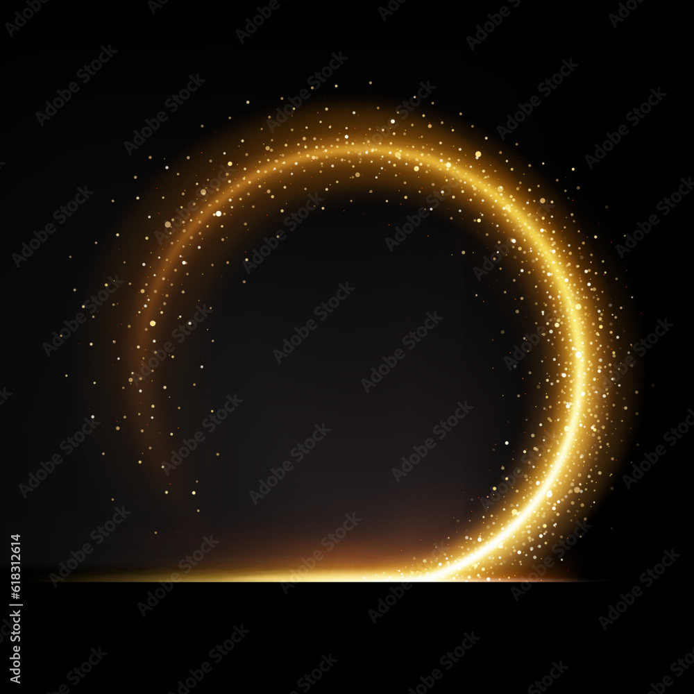Poster golden sparkle circle wave. vector realistic glow, round shaped energetic spark. radiant and shimmer