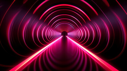 Bright red tunnel with luminous circles on black, in the style of sleek and stylized, rounded, dark black.