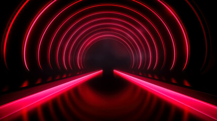 Bright red tunnel with luminous circles on black, in the style of sleek and stylized, rounded, dark black.