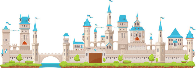 Medieval fortress castle. Knight stone fortress with gate, towers turrets, bridge and flags. Isolated cartoon vector antique building, middle ages architecture. Fantasy magic or fairytale royal house