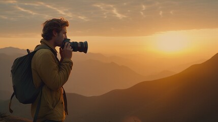 man admiring nature instead of taking pictures with camera in hand, in the background several layers of mountains in a sunset.