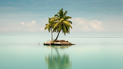 Fototapeta na wymiar paradise island with palm trees on a calm shallow beach, in the background the sea, light sand and clear sky