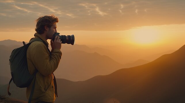 man admiring nature instead of taking pictures with camera in hand, in the background several layers of mountains in a sunset.