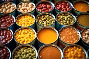 Canned food with beans, vegetables and peas