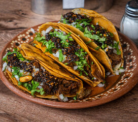 Taco de birria, barbacoa, comida mexicana, deliciosa gastronomia tradicional, comida tapatia, taco dorado.