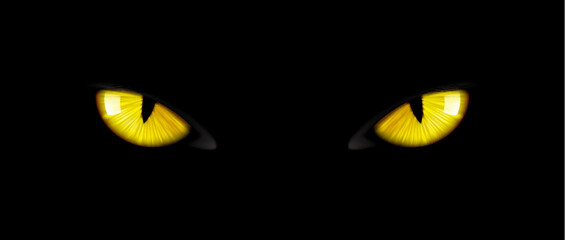 Black cat eyes, yellow glowing, intense, striking and mesmerizing panther pupils pierce through the darkness, evoking mystery, felines enigmatic power and enchantment. Vector Halloween background © Vector Tradition