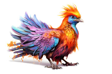 colorful fantasy bird with elaborate long feathers isolated against transparent background