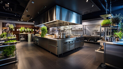 Empty restaurant kitchen with professional equipment