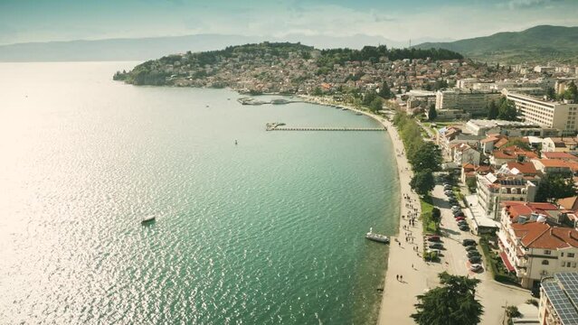 Aerial view of the city of Ohrid and Lake Ohrid in North Macedonia