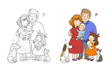 Cute cartoon family and a cat with a dog. Mom, dad and kids. Happy people. Illustration for coloring books. Monochrome and colored versions. Vector