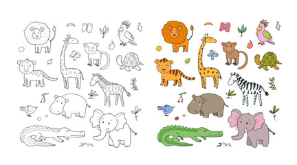 African animals. Cute cartoon lion and tiger, elephant and zebra, monkey and parrot. Fun zoo. Illustration for coloring books. Monochrome and colored versions. Vector