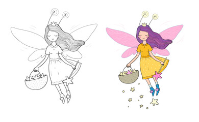 Cute cartoon fairy. Flower elf. Little girl with wings. Illustration for coloring books. Monochrome and colored versions. - 618314052