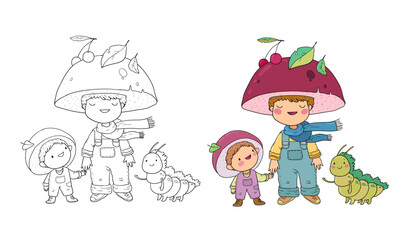 Cute cartoon gnomes ,his brother and caterpillar. Cheerful garden elves. Boys in carnival costumes. Illustration for coloring books. Monochrome and colored versions. Vector - 618314067