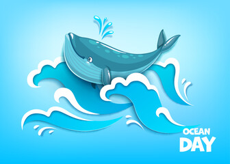 Obraz na płótnie Canvas World oceans day. Whale and paper cut sea waves. Vector environmental poster, save nature and ecology protection event with marine blower animal in blue water splashing on 3d papercut foamy waves
