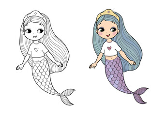 Cute cartoon mermaids. Siren. Sea theme. vector illustration. Beautiful cartoon girl with a fish tail. Illustration for coloring books. Monochrome and colored versions. Vector - 618314239