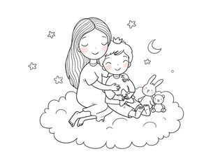 A woman and a child are sitting on a cloud. Mom and son. Brother and sister. The girl hugs the boy. Cute cartoon little prince. A happy family. - 618314268
